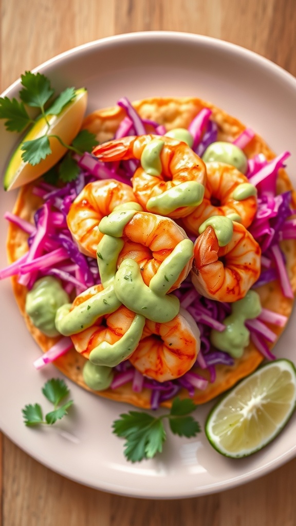Crispy shrimp tostada topped with cabbage, avocado crema, and garnished with cilantro and lime.
